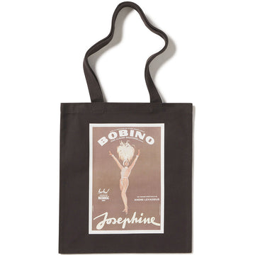 Tote bag with a graphic design of a dancer and text on a white background dancer is Josephine Baker in her Bobino costume.